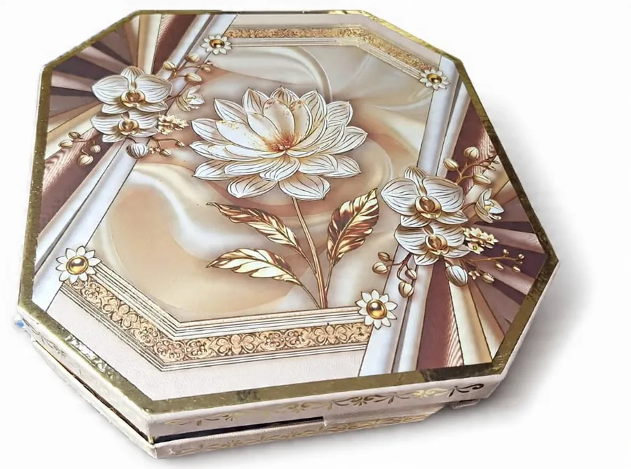 Gifting Box 1: octagonal gift box with a gold and cream lotus design